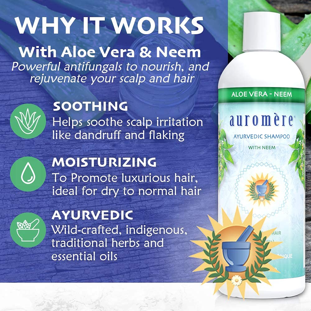 Auromere Ayurvedic Shampoo, Aloe Vera Neem - Vegan, Cruelty Free, Non-GMO, Natural, Gluten Free, Sulfate Free, Paraben Free for Dry to Normal Hair (16