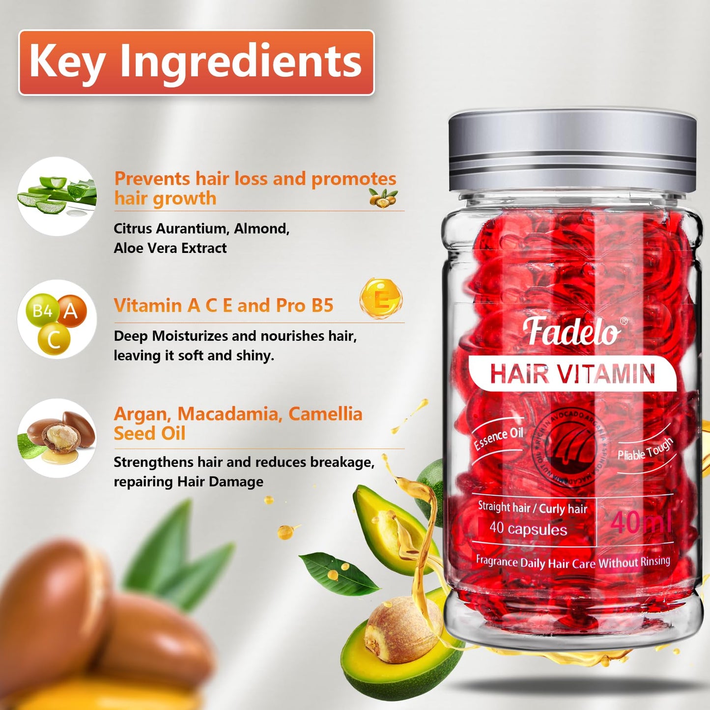 Fadelo Hair Treatment - Frizz and Damage Control with Vitamins A, C, E, B5, Argan, Macadamia, and Avocado Oils - 40 Capsules