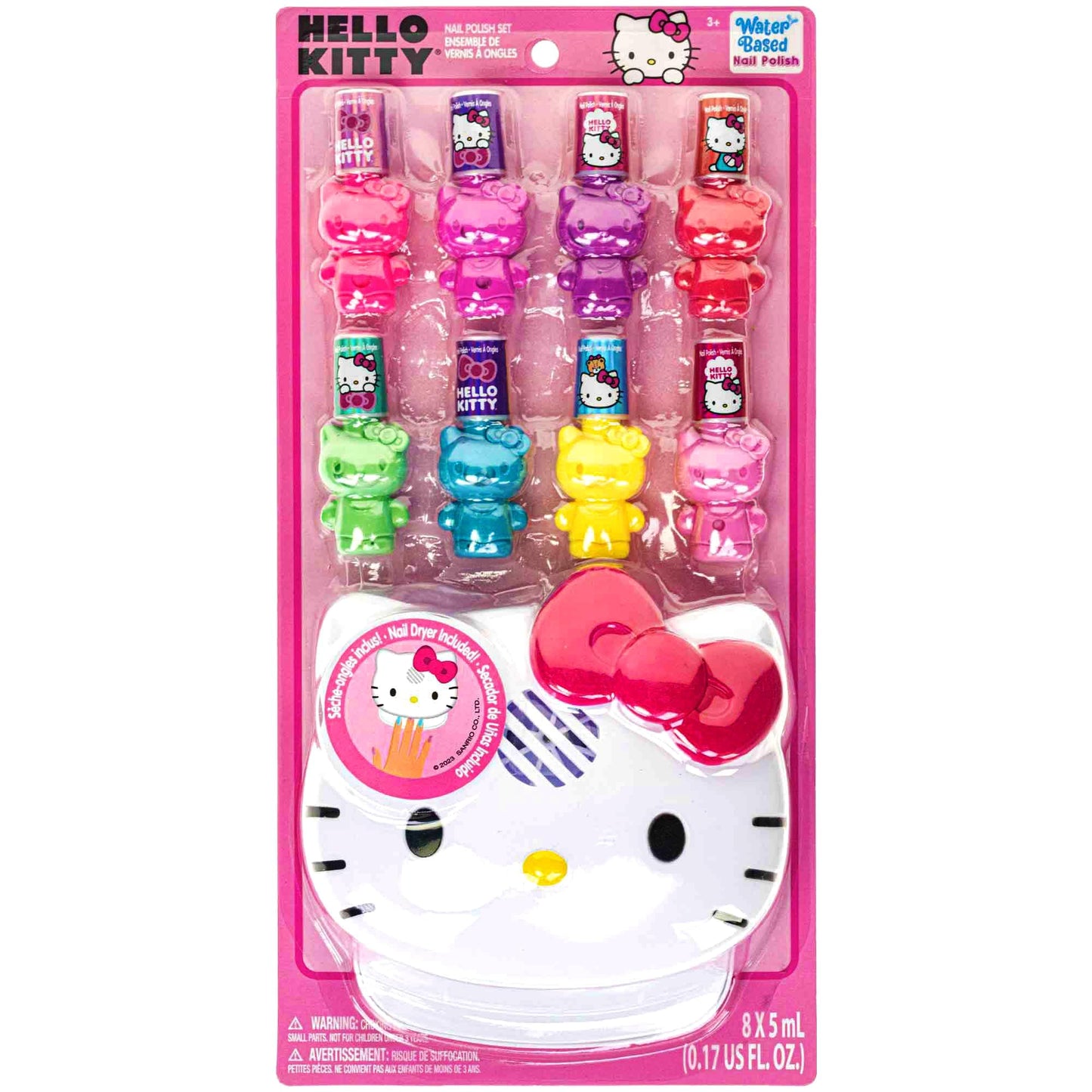 Hello Kitty 8 Pack Non-Toxic Peel-Off Shimmer and Opaque, Water-Based Safe Nail Polish Set with Nail Dryer for Kids, AA Batteries Not Included, Ages 3