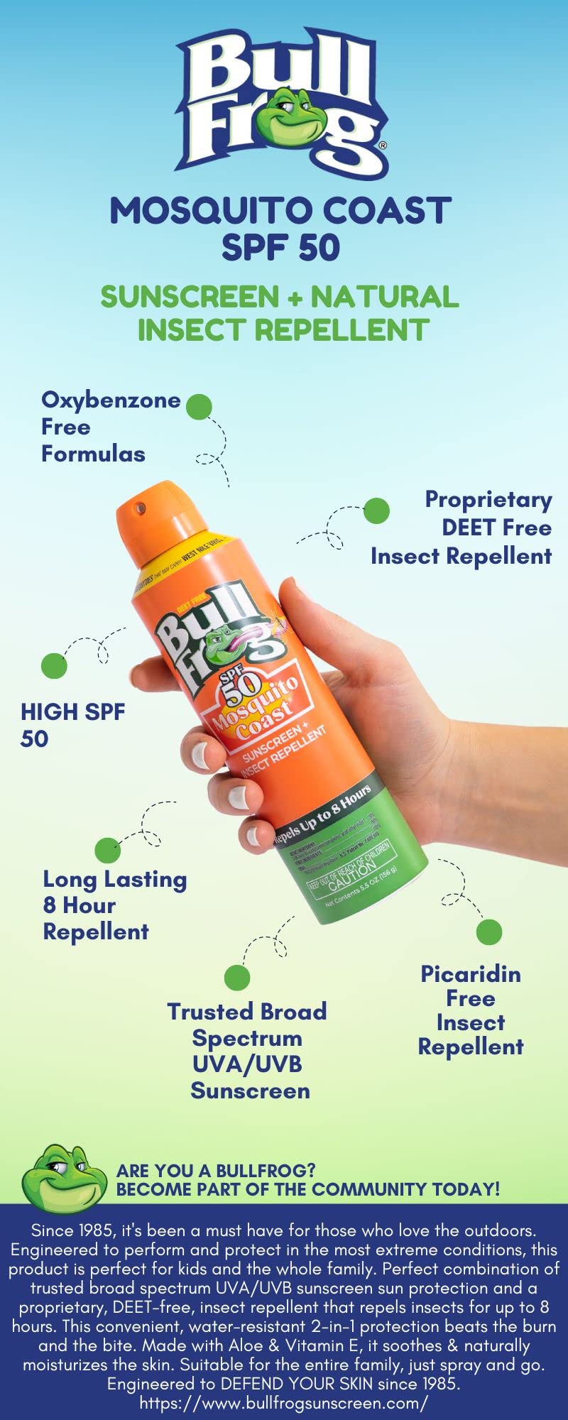 Bullfrog Mosquito Coast Sunscreen SPF50 + Insect Repellant 5.5oz Continuous Spray, 2pk Beauty and Personal Care Bullfrog
