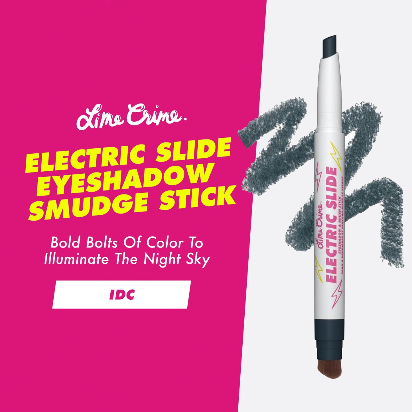 Lime Crime Electric Slide Eyeshadow & Brush Stick, IDC (Matte Black) - Lightweight 2-in-1 Eyeshadow Smudge Stick with Angled Brush for Long Lasting