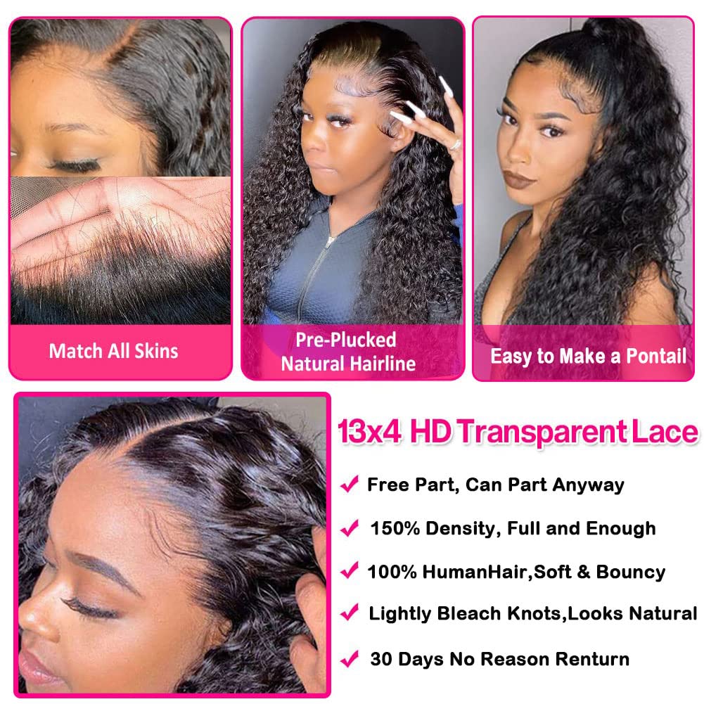 Nervoss HD Lace Front Wigs Human Hair Water Wave 13x4 Lace Front Wigs Pre Plucked with Baby Hair Deep Wave Glueless Transparent Lace Front Wigs