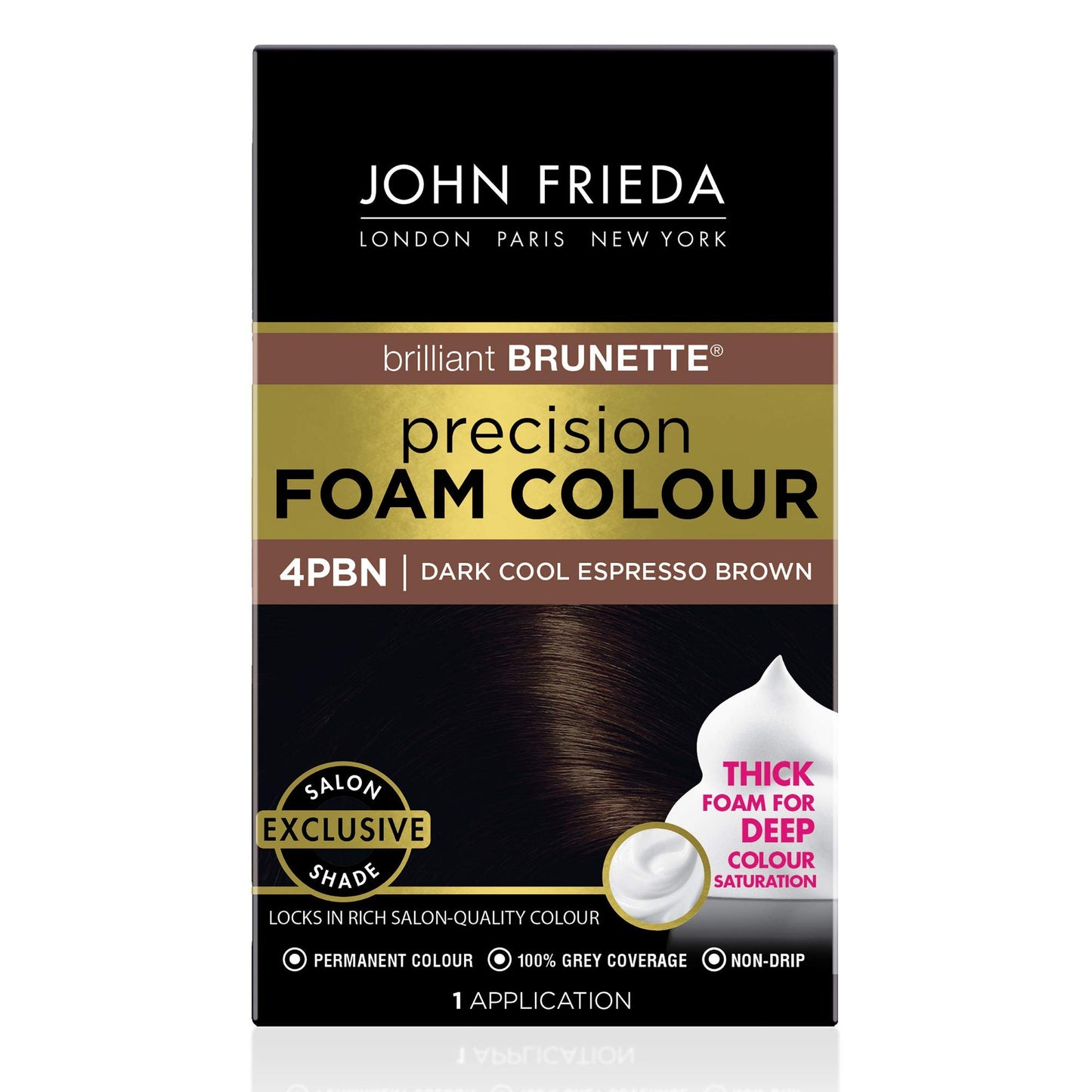 John Frieda Precision Foam Colour, Dark Cool Espresso Brown, Full-Coverage Hair Color Kit, Anti-Fade Gray Coverage, Deep Color Saturation Hair Dye, 1