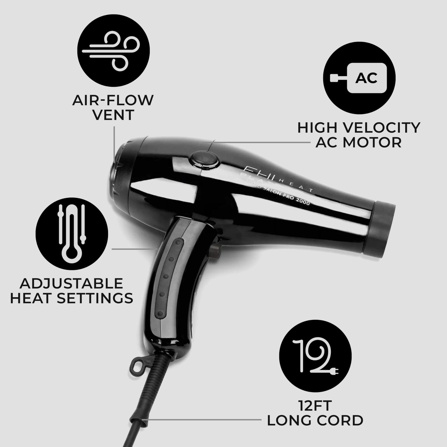 FHI HEAT Platform Nano Power Salon Pro 2000 Tourmaline Ceramic Quick Dry Hair Dryer with 3 Piece Attachment Set (Comb, Concentrator, and Diffuser)