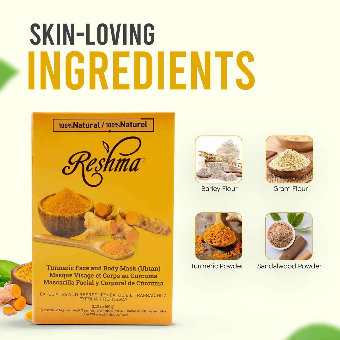 Reshma Beauty Turmeric Face Mask (Ubtan) | All Natural Ingredients - Barley Seed, Gram Seed, Turmeric, and Sandalwood | Brightening and Hydrating Mask