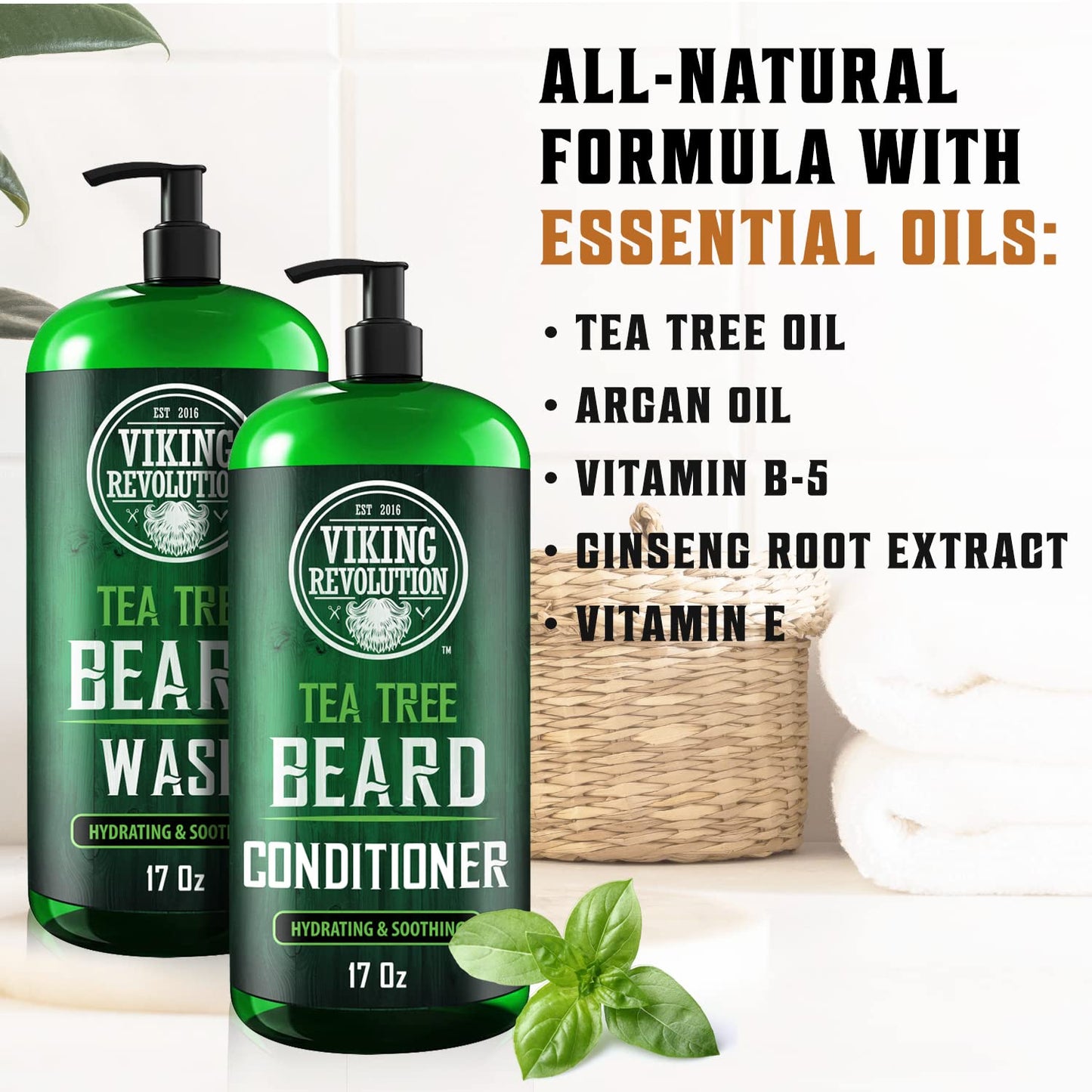 Viking Revolution Tea Tree Oil Beard Wash and Beard Conditioner For Men - Natural Beard Softener Set with Argan Oil, Vitamin E and Ginseng - Beard
