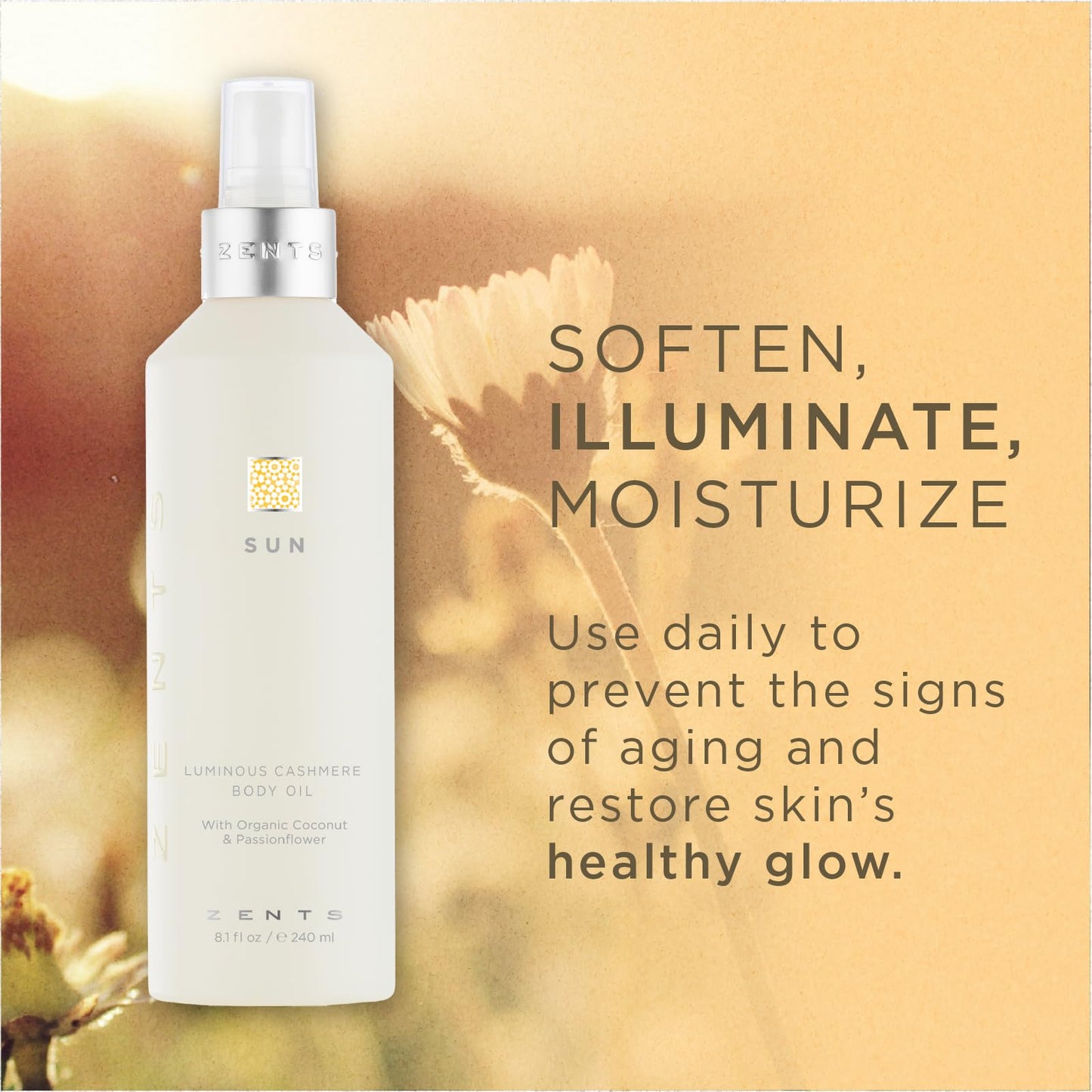 Zents Luminous Cashmere Body Oil (Sun Fragrance) | Moisturizing Body Oil with Vitamin E & Organic Coconut Oil | Softens & Smooths Skin | 8 fl oz