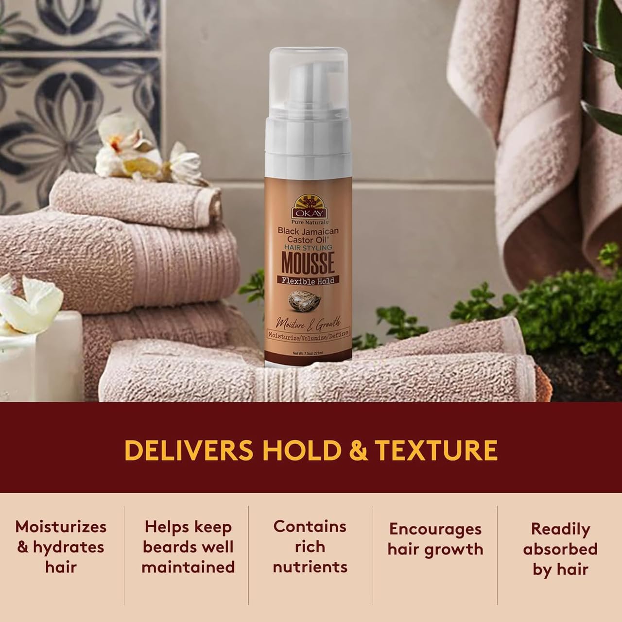 OKAY Black Jamaican Castor Oil Hair Styling Mousse 8 oz - Lightweight Curl Defining Foam for Volume, Frizz Control & Flexible Hold - Moisturizing