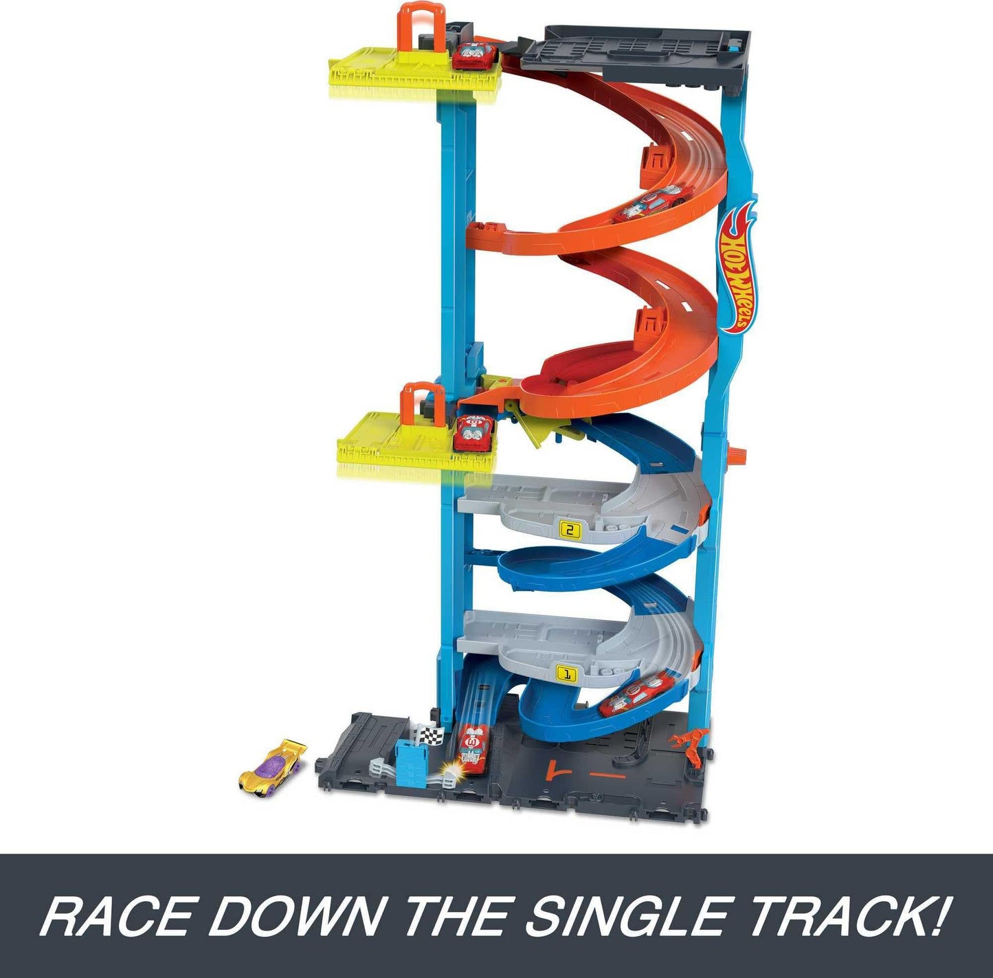 Hot Wheels City Toy Car Track Set, Transforming Race Tower, Single to Dual-Mode Racing, with 1:64 Scale Vehicle, 2 Ways to Play