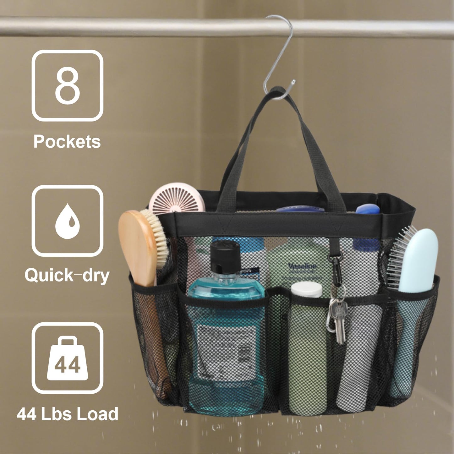 F-color Mesh Shower Caddy – Portable 7-Pocket Quick Dry Tote with S Hook & 2 Handles for Dorm, Gym, Bathroom, Camp – Black