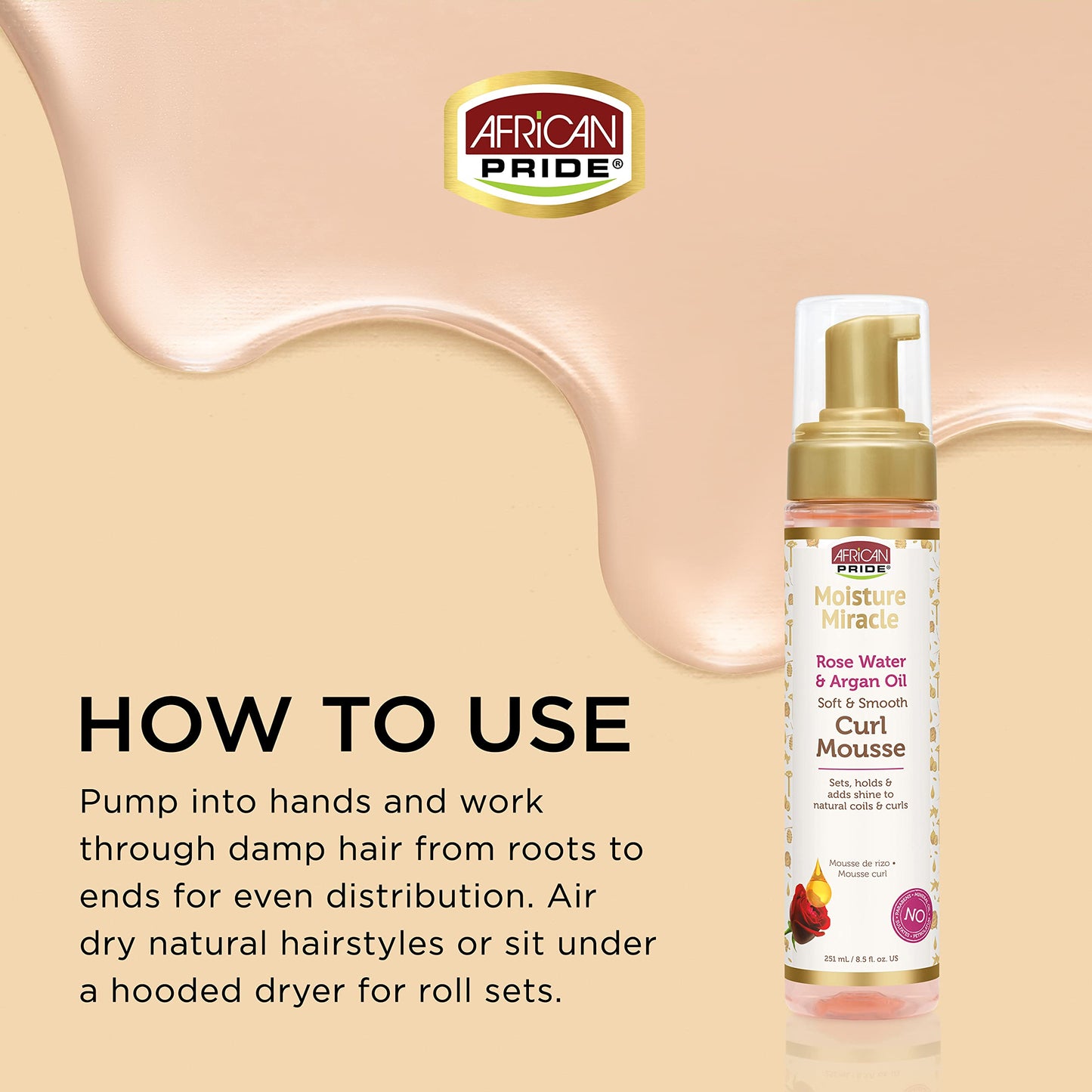 African Pride Moisture Miracle Rose Water & Argan Oil Curl Hair Mousse, Flexible Hold, Enhances Curls, Creates Wave Patterns, No Residue, Deep
