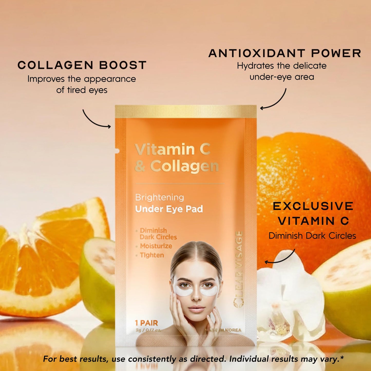 Clear Visage Vitamin C & Collagen Under Eye Patches - Dark Circles & Puffiness Reducer - Hydrating Anti-Aging Pads For Wrinkles - Dermatologist Tested