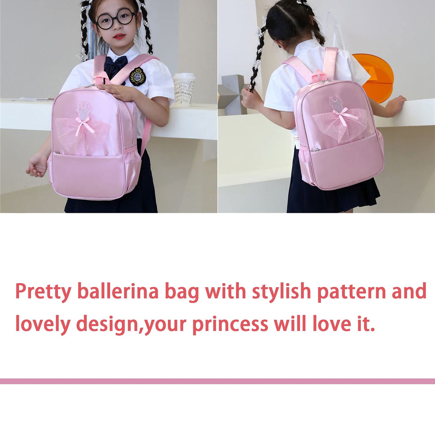 Girls Dance Bag Nylon Backpack Pink Ballet Little Girl Storage Bag, Sequin Decoration Children's School Bag