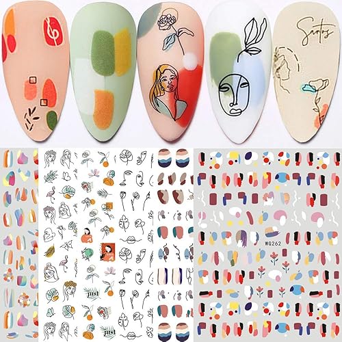 Graffiti Fun Nail Art Stickers, Abstract Nail Decals 3D Self-Adhesive Abstract Lady Face Rose Leaf Nail Design Manicure Tips Nail Decoration for Women