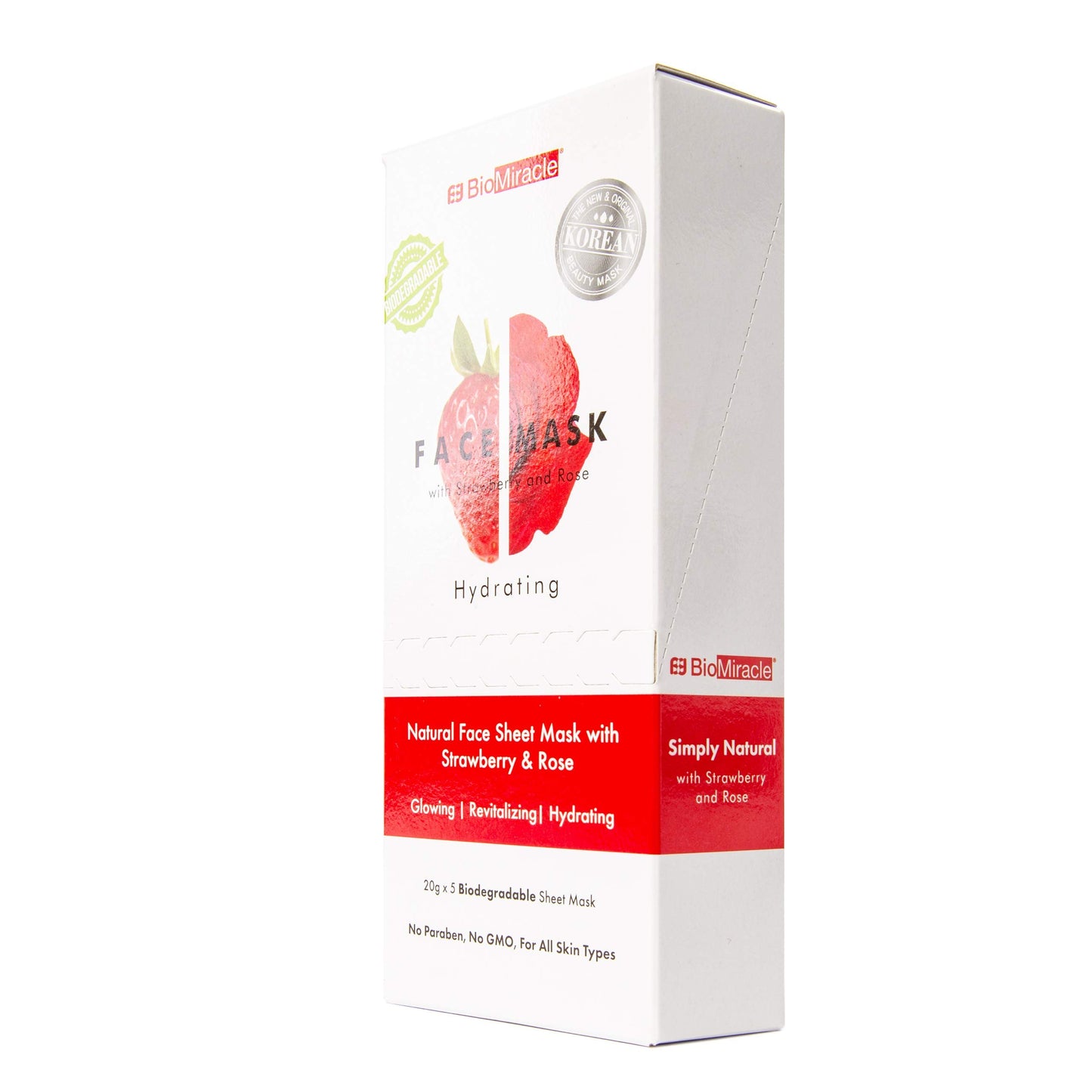 BioMiracle Hydrating, Natural Face Mask Sheet, with Strawberry and Rose, for Glowing, Revitalized, Moisturized Skin, Spa Treatment Mask (Pack of 5)