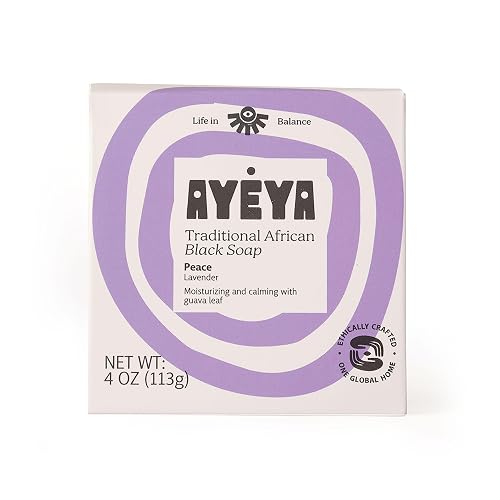 AYÉYA African Black Soap Bar, Lavender (Peace) - Exfoliating Bar Soap for Dry, Combination, Sensitive, Acne-Prone Skin, 4 Oz