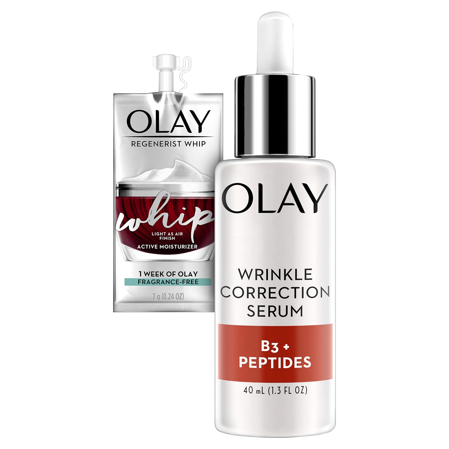 Olay Collagen Peptides Wrinkle Correction Serum, 1.3 Fl Oz + Whip Face Moisturizer Travel/Trial Size Bundle