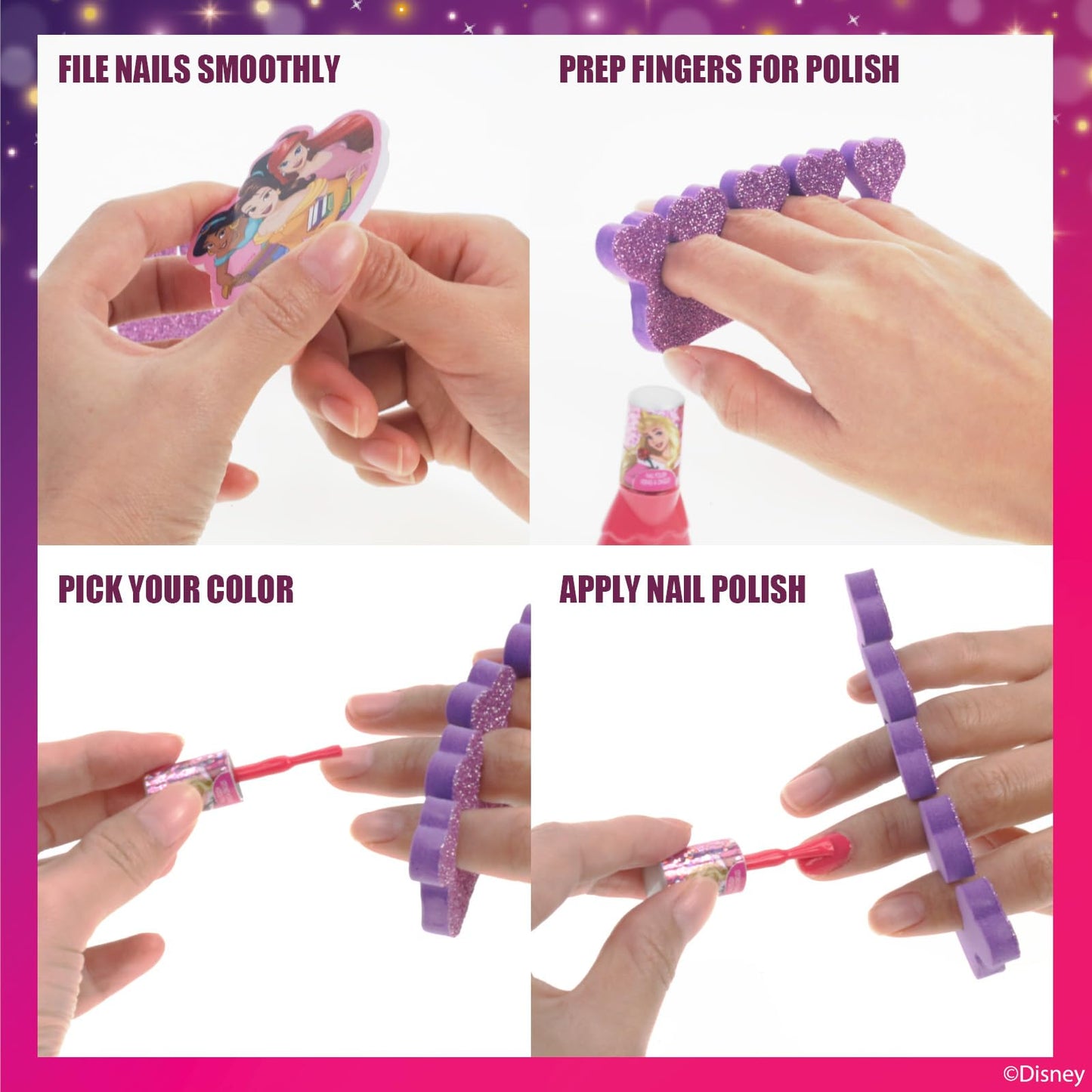 Disney Princess 15 Piece Water-Based Nail Polish with 3 Toe Spacers, Quick Dry, Peel Off, Gift Kit Set for Kids Girls, Ages 3 by Townley Girl