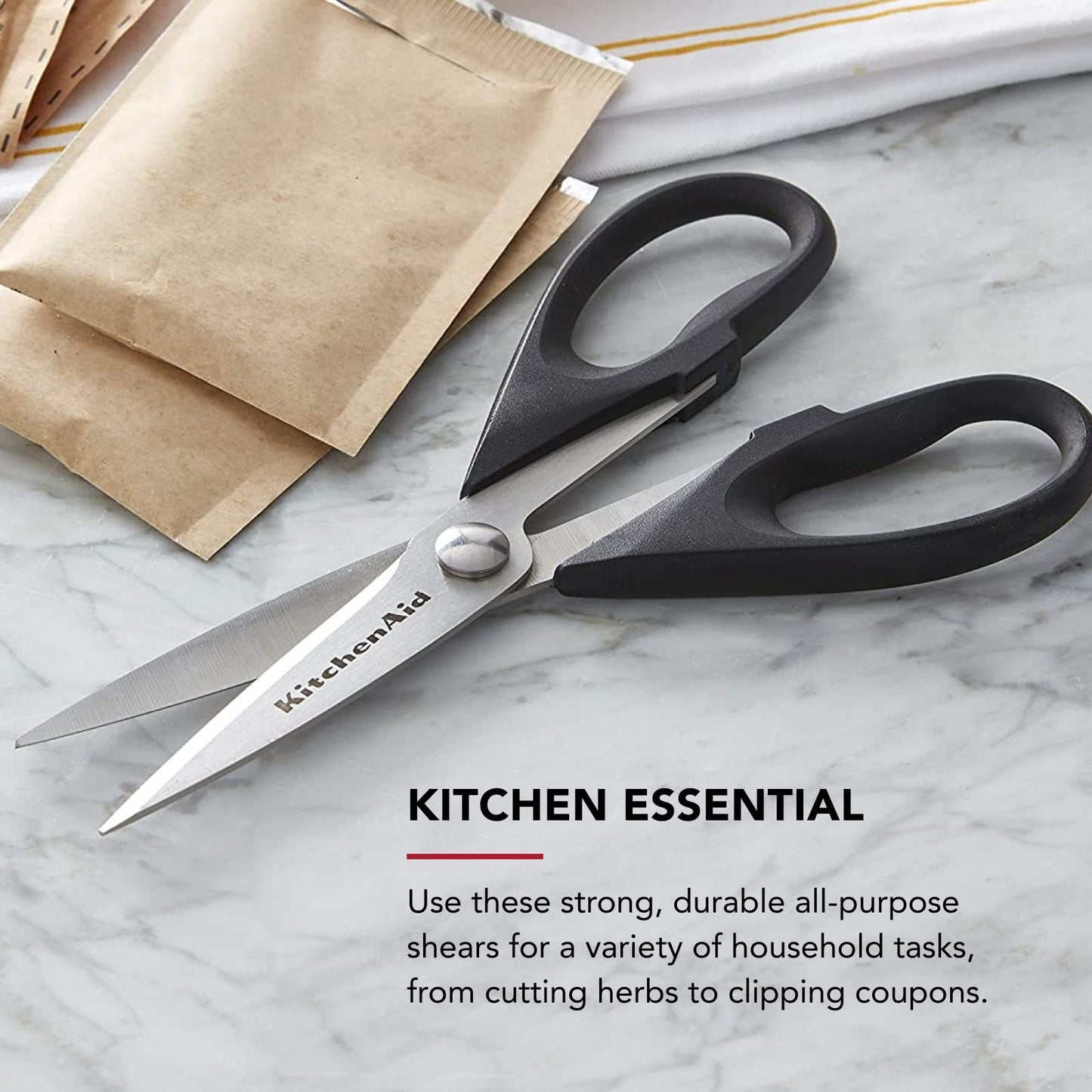 KitchenAid All-Purpose Kitchen Shears with Protective Sheath, Stainless Steel, Soft Grip Handle, Dishwasher Safe, 8.72", Black