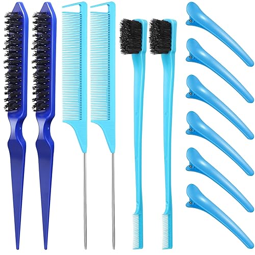 Remerry Hair Brush Set, 12 Pieces Nylon Brushes for Women & Girls - Including 3 Row Salon Teasing Brush, Double Sided Hair Edge Brush, Smooth Comb