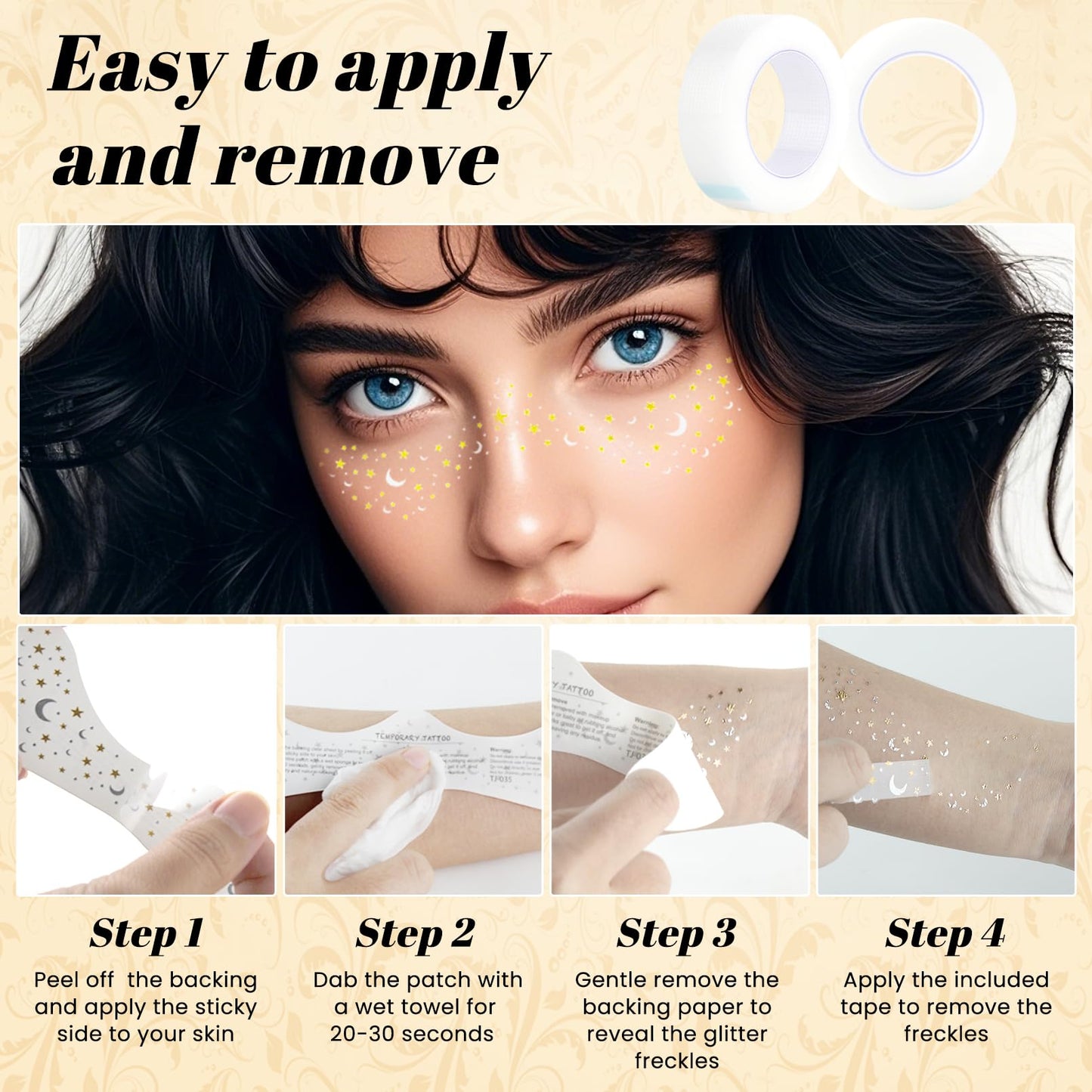 Glitter Freckles Face Tattoo, Temporary Sparkle Freckles, Waterproof & Sweatproof Face Glitter Tattoo for Party, Music Festival 6 Counts with 1