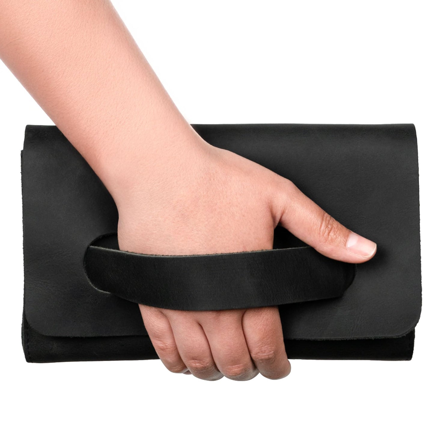 Hide & Drink, Rectangular Clutch Bag With Handle, Wallet for Cards, Money, Stylish Handbag, Full Grain Leather, Handmade, Black