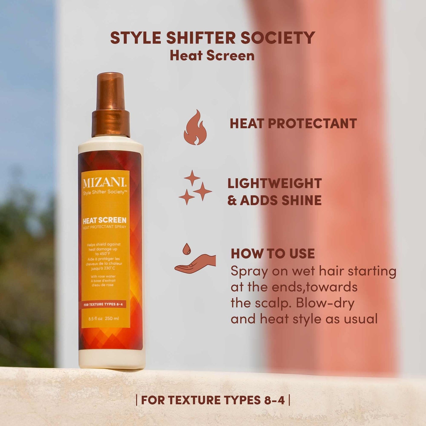 Mizani Style Shifter Society Heat Screen Heat Protectant Spray - Anti-Frizz & Glossy Shiny Finish For Textured, Curly and Coily Hair