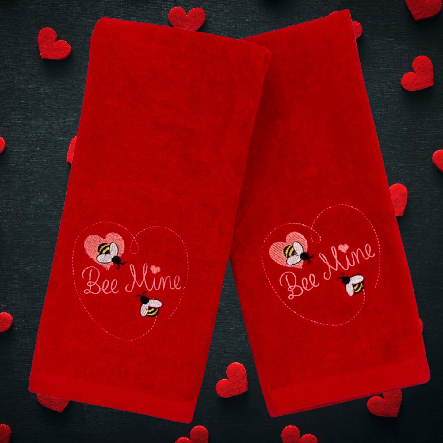 Serafina Home Soft Absorbent Funny Cotton Valentine Hand Towels: Embroidered Be Mine Bees Hearts on Red 2 Piece Set