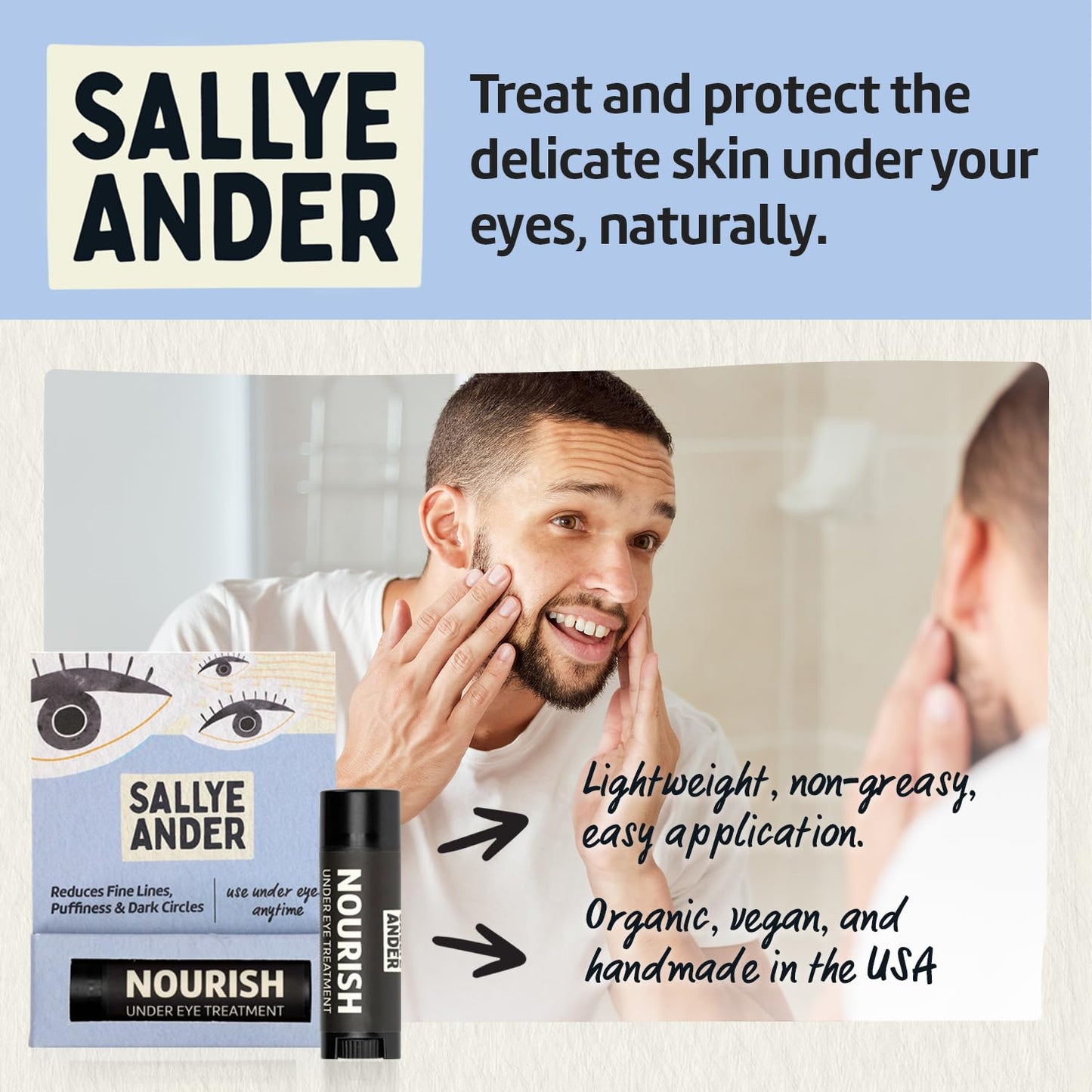 SALLYEANDER Nourish Under Eye Treatment - Soothing Stick for Dark Circles and Puffiness - Hydrating Shea, Cupuacu and Cocoa Butter - Gently Restore