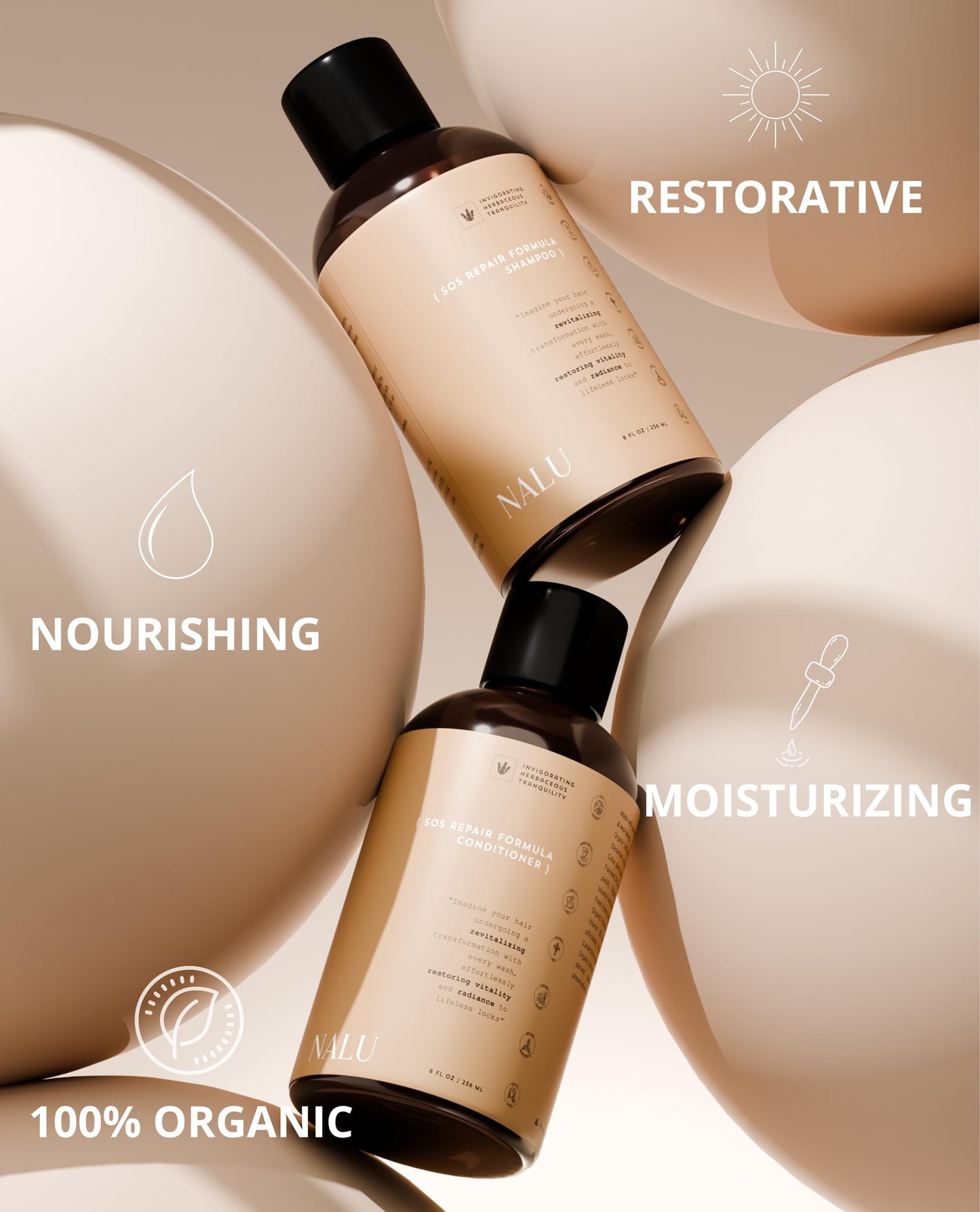 NALU SOS Repair Formula Shampoo and Conditioner Set - Effective Organic Strengthening and Restorative Care for Very Damaged Hair. 8 Fl Oz Each.