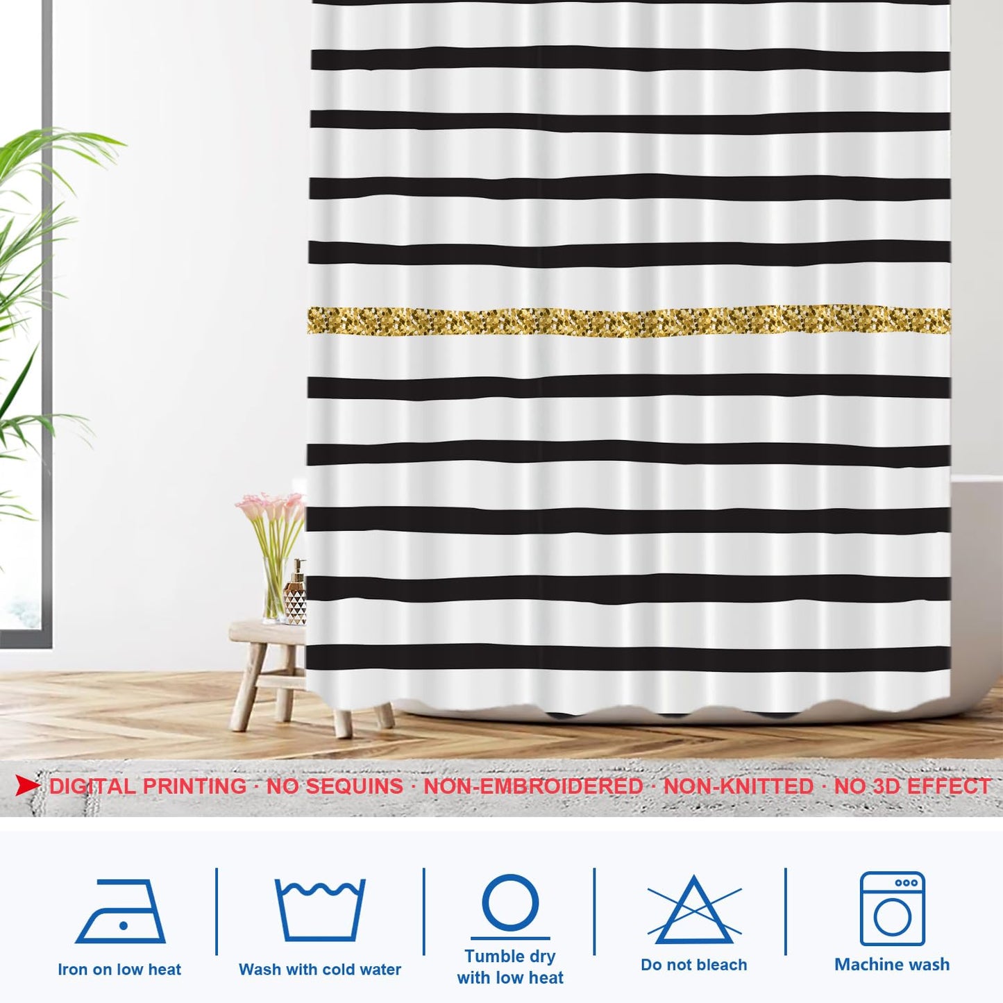 Shrahala Black White and Gold Decorative Shower Curtain, Black and White Geometric Abstract Ink Drawing Shower Curtain for Shower Stall Bathroom…