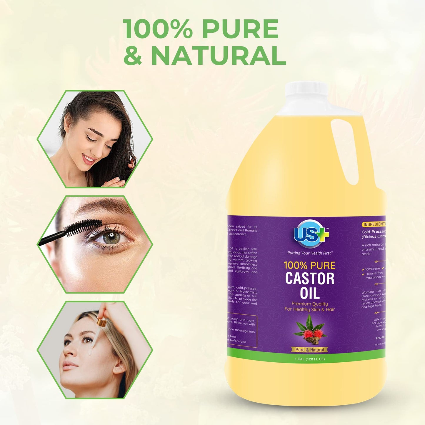 100% Pure Castor Oil - Cold-pressed, Unrefined, Hexane-free - Premium Quality - USP Grade (1 Gallon) Beauty and Personal Care US+