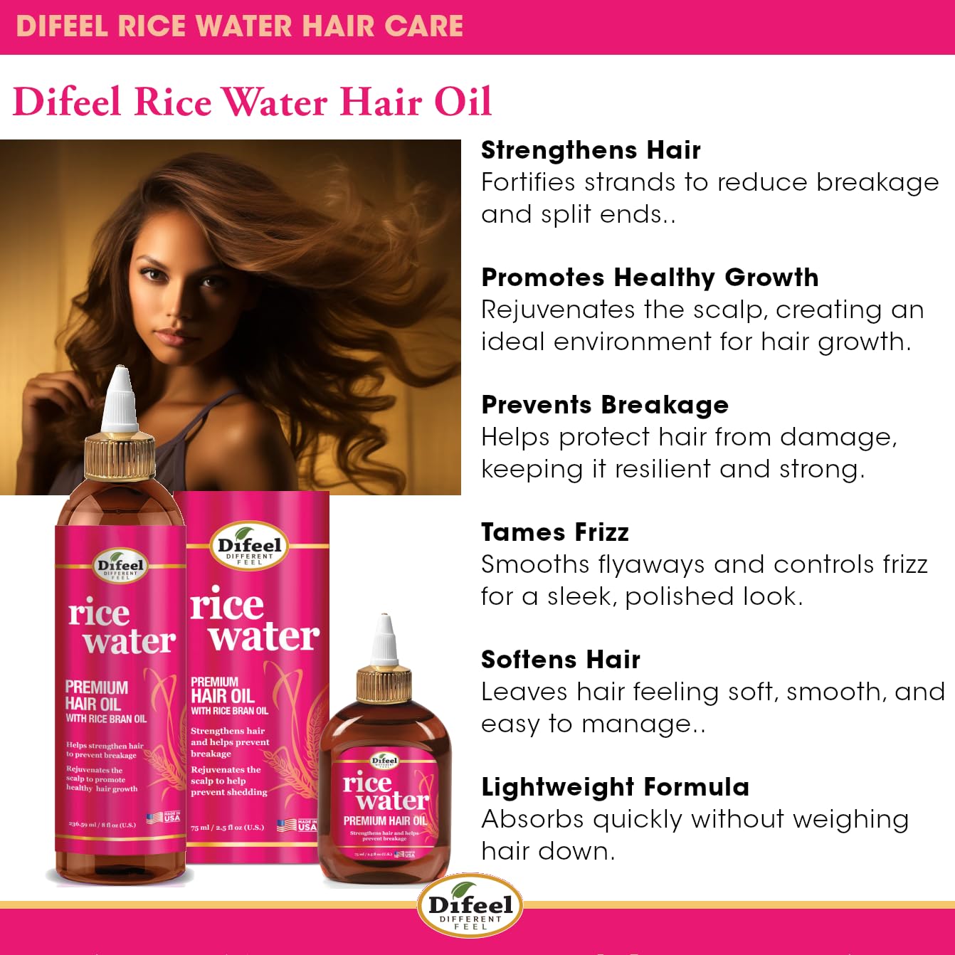 Difeel Rice Water Premium Hair Oil 2.5 oz. - Strengthening Rice Water Moisturizer for Hair