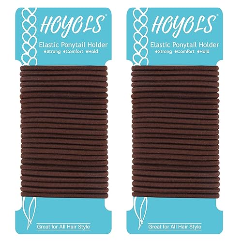 HOYOLS Ponytail Holders Hair Ties, No Metal Braided Bands Elastic Thick Tie for Women Thick Fine Curly Hair 50 Count 4mm 1/8 Inch Brown (Sparkling