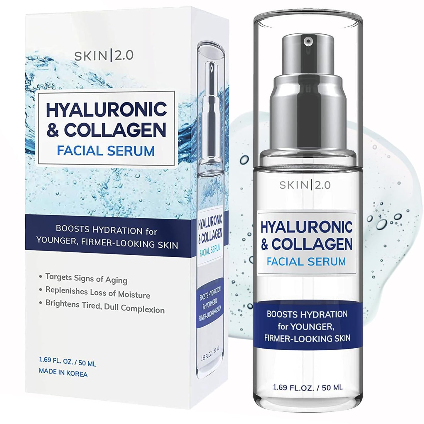 Skin 2.0 Hyaluronic Acid & Collagen Face Serum - Dermatologist Tested, Skin Tightening, Hydrating - Anti-Aging, Clean Beauty, Cruelty-Free Korean