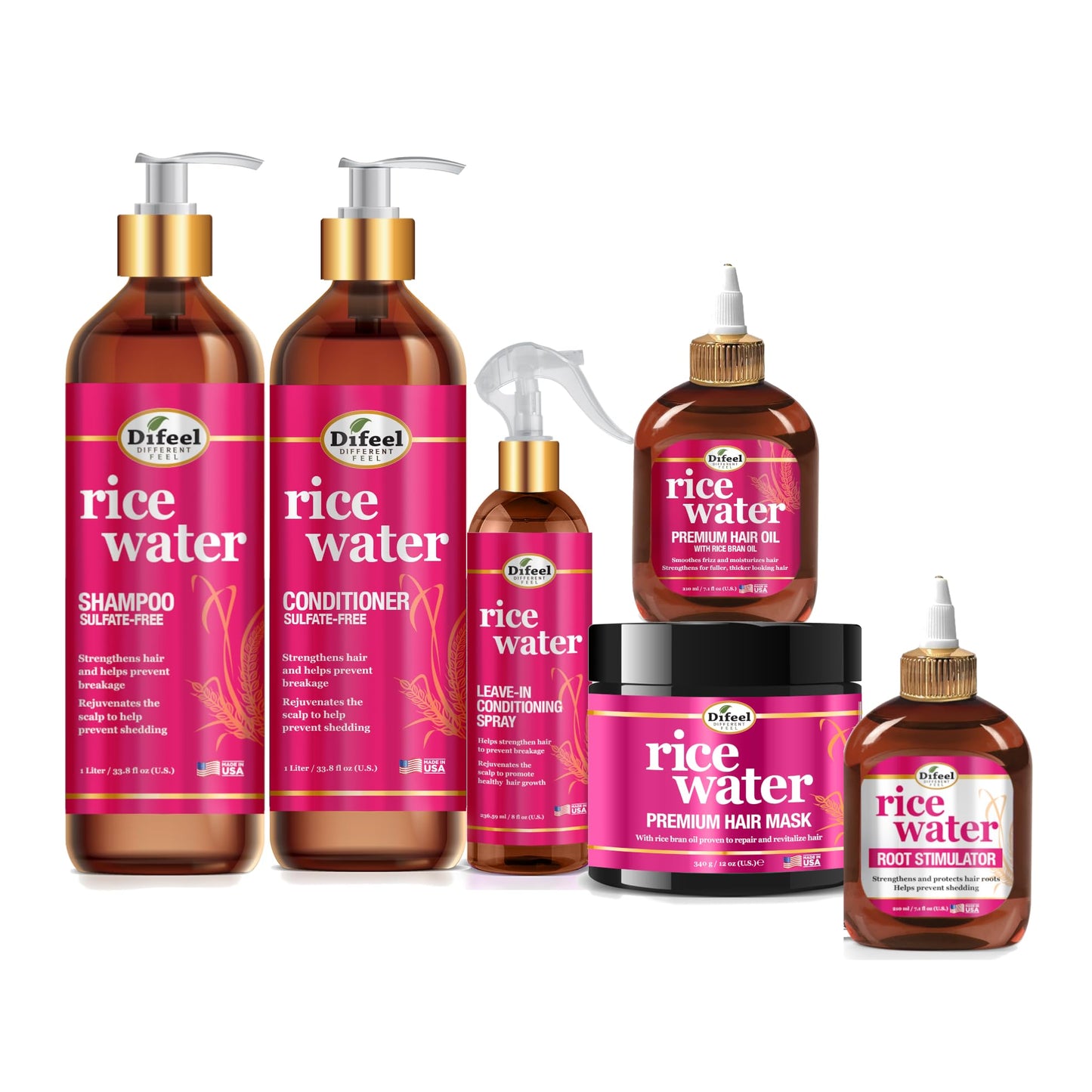 Difeel Rice Water Hair Care Ultimate Shampoo & Conditioner 6PC Set - Includes 33.8oz Shampoo, 33.8oz Conditioner, 12oz Hair Mask, 7.1oz Hair Oil