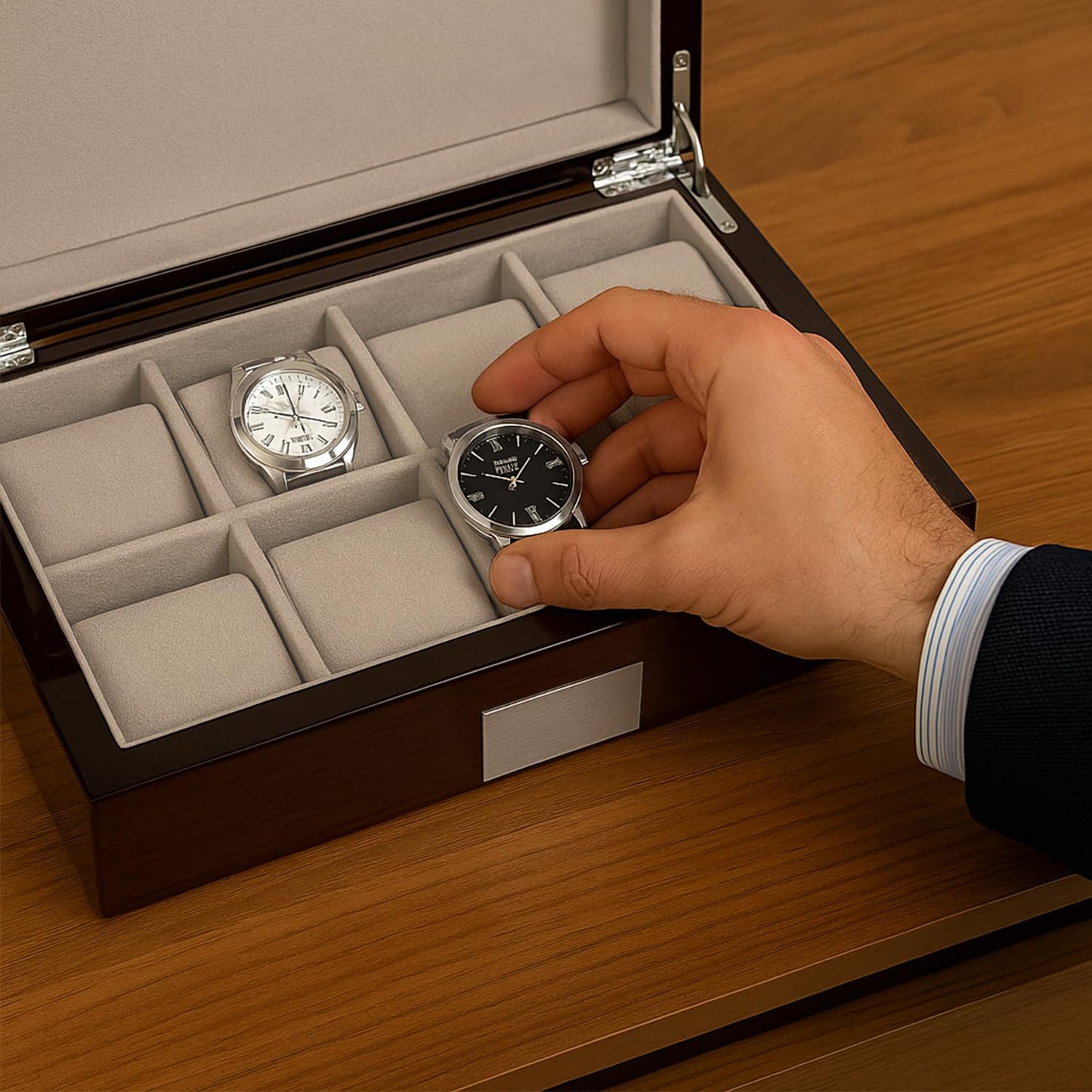 Bey-Berk Lacquered Walnut 8-Slot Watch Box, Solid Wood Watch Display Case with Stainless Steel Accents, Soft Velour Lining and Magnetic Closure…