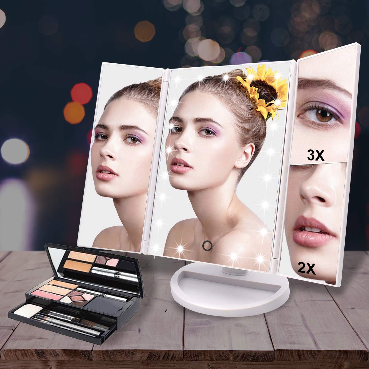 WEILY Makeup Mirror with 21 LED Lights,Two Power Supply Modes, Adjustable Touch Screen and 1x/2x/3x Magnification Tri-Fold Vanity Mirror,Chargeable