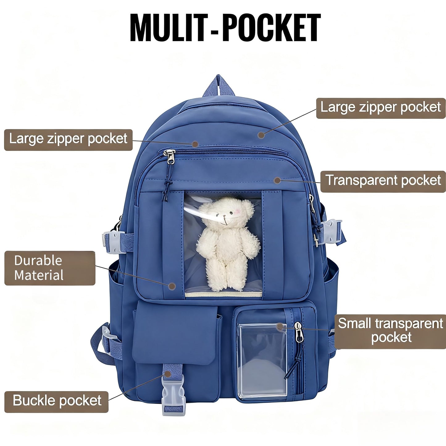 School Backpack for Teen Girls Back to School Aesthetic Cute Adorable Lovely with Pin and Cute Accessory (Blue)