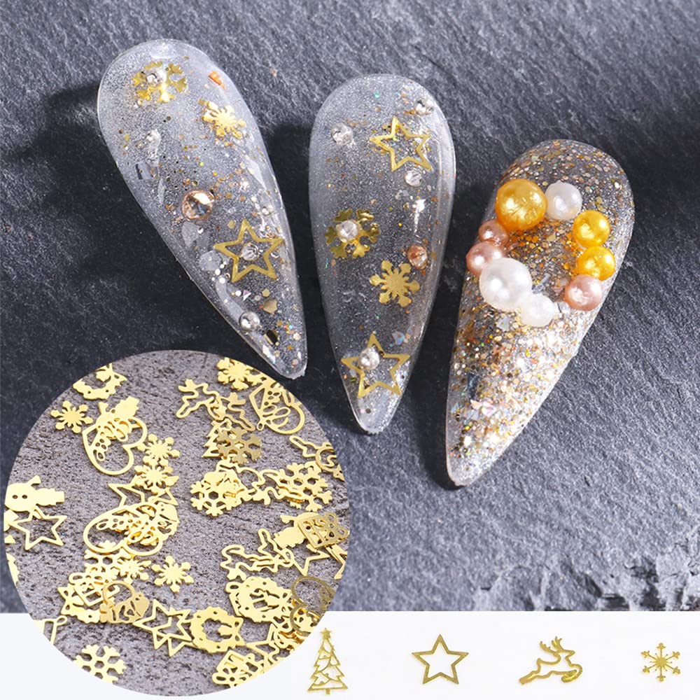 Christmas Nail Art Glitter, 12 Grids Gold Snowflake Nail Charms Snowflakes Snowmen Elk Bell Gift Xmas Tree Christmas Nail Design Winter Confetti