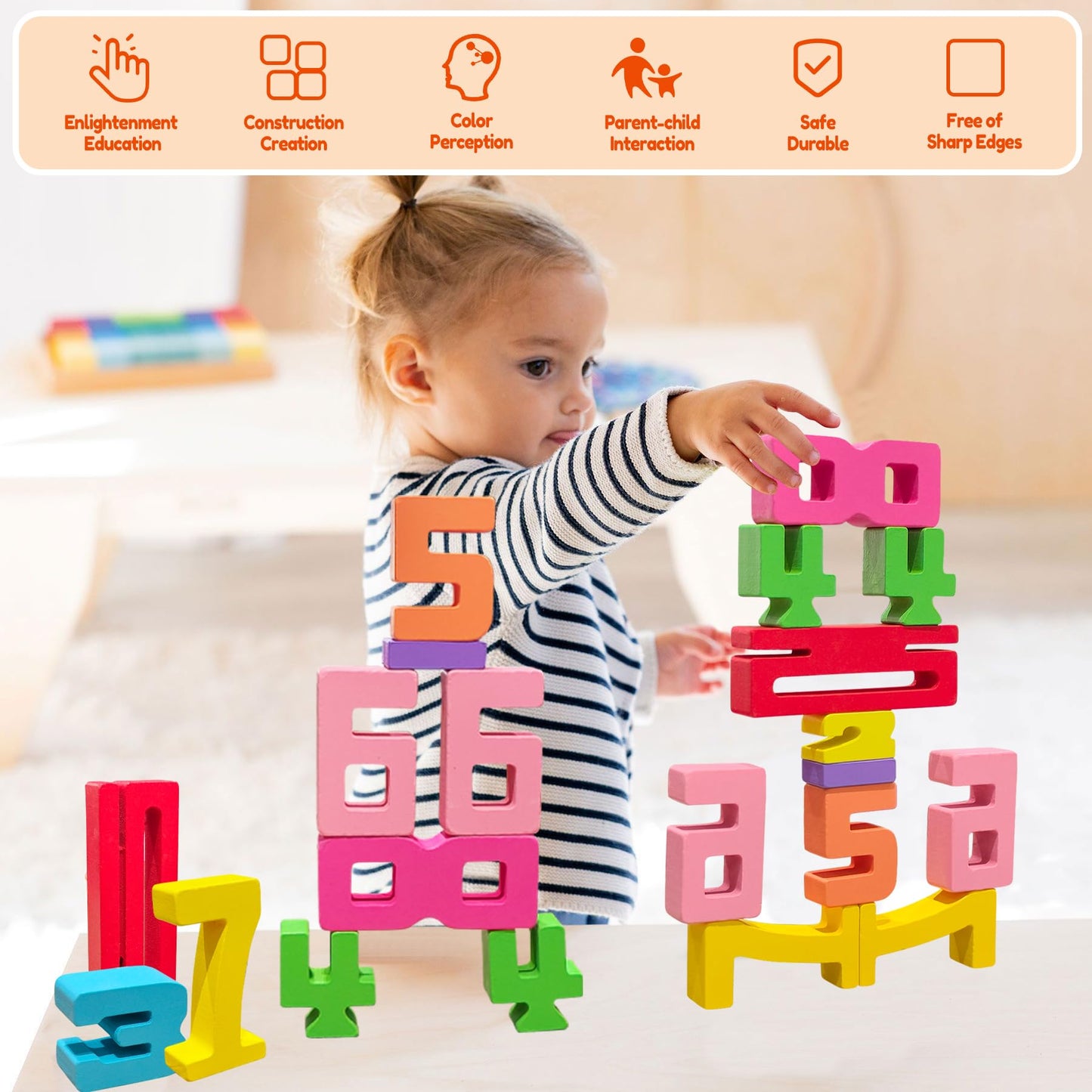 20pcs Wooden Number Building Blocks – Montessori Math Learning & Counting Toys, Educational Digital Blocks for Kids & Parent-Child Play