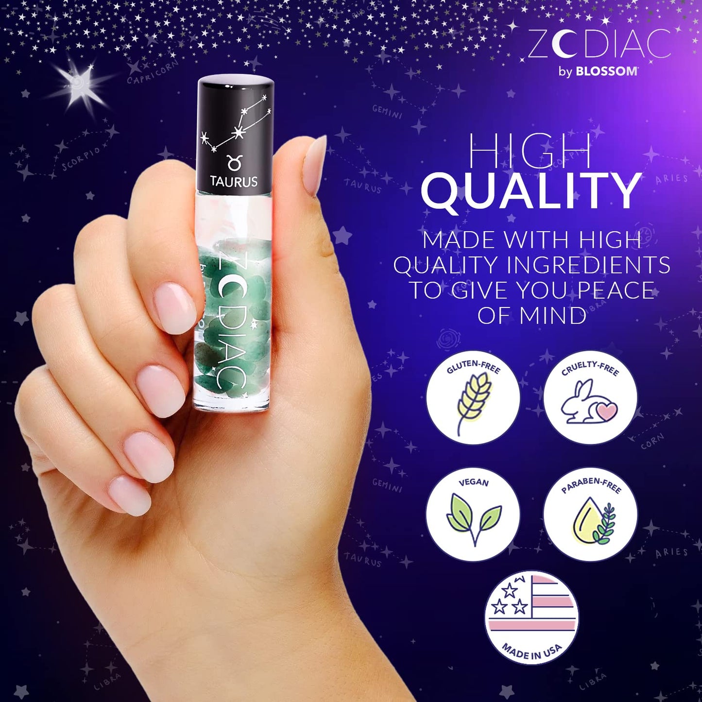 Blossom Lip Gloss Zodiac Sign Vanilla Scented Roll-On Lip Gloss, Moisturizing + Hydrating with Zodiac Crystals, Made in USA, 0.20oz, Taurus