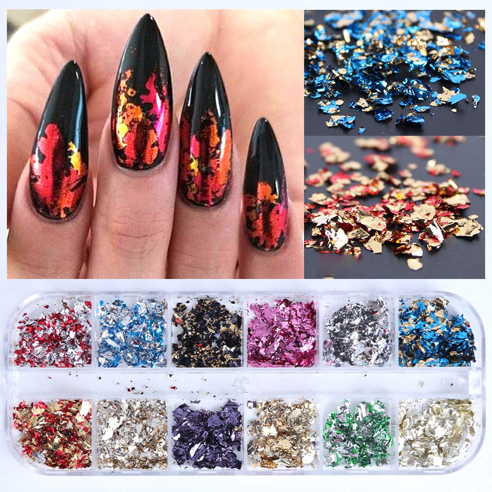 AUOCATTAIL 24 Grids Foil Nail Art Holographic Aluminum Nail Foil Flakes Stickers Nail Sequins 3D Glitter Decoration DIY Design Accessories Rainbow