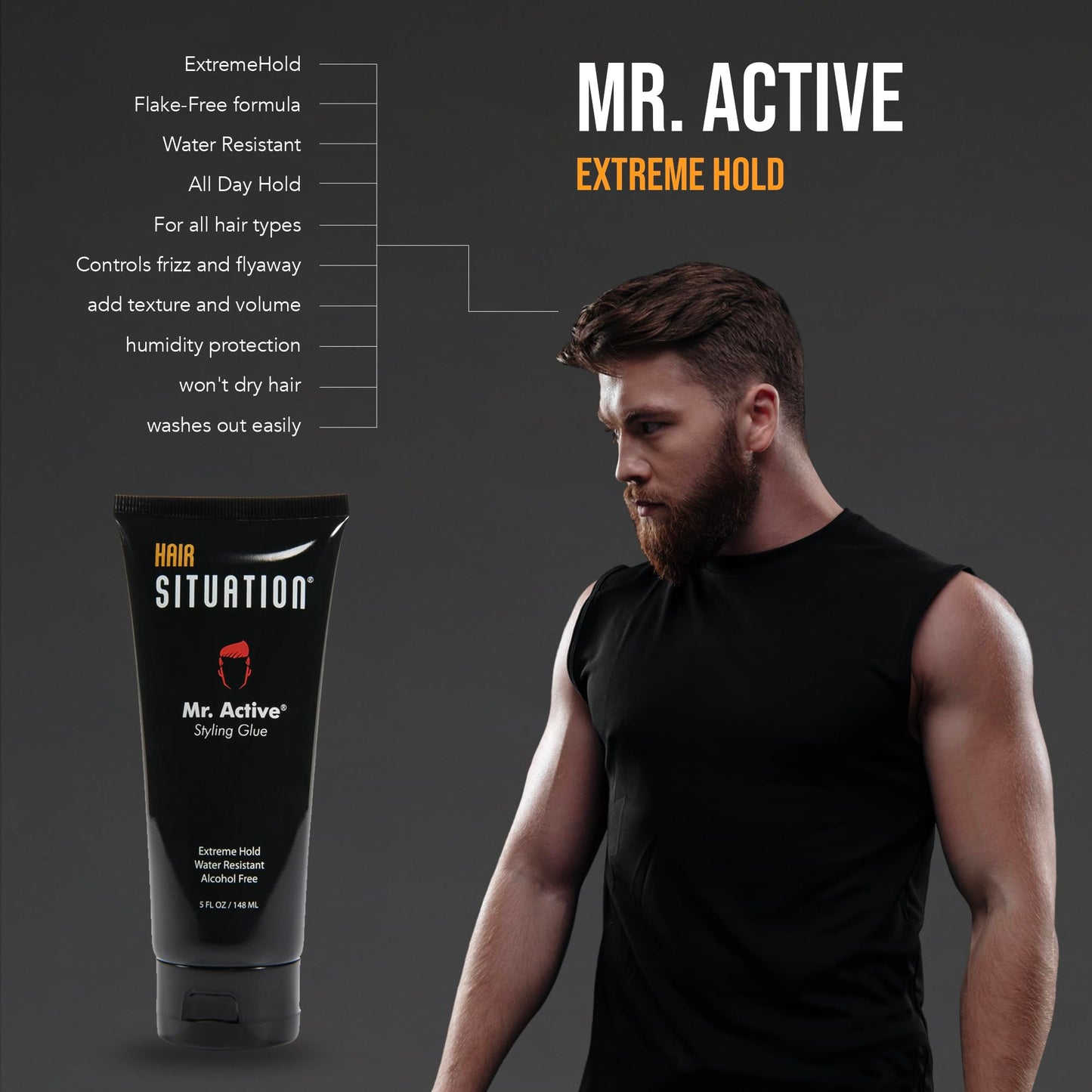 Hair Situation Mr. Active Hair Gel - Strong Hold Hair Styling Glue for Men, Maximum Grip, Anti-Frizz, Humidity Shield, Non-Flaking, Alcohol-Free, Adds