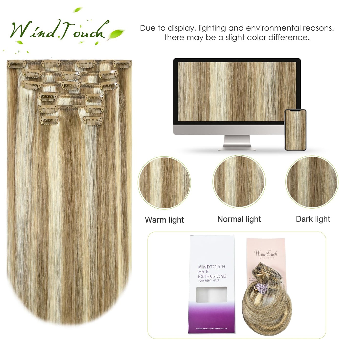 WindTouch Clip in Hair Extensions Remy Hair Mixed Bleach Blonde For Women Balayage 20Inch 75g Hair Extensions for Blonde Clip Ins #18P613 7PCS