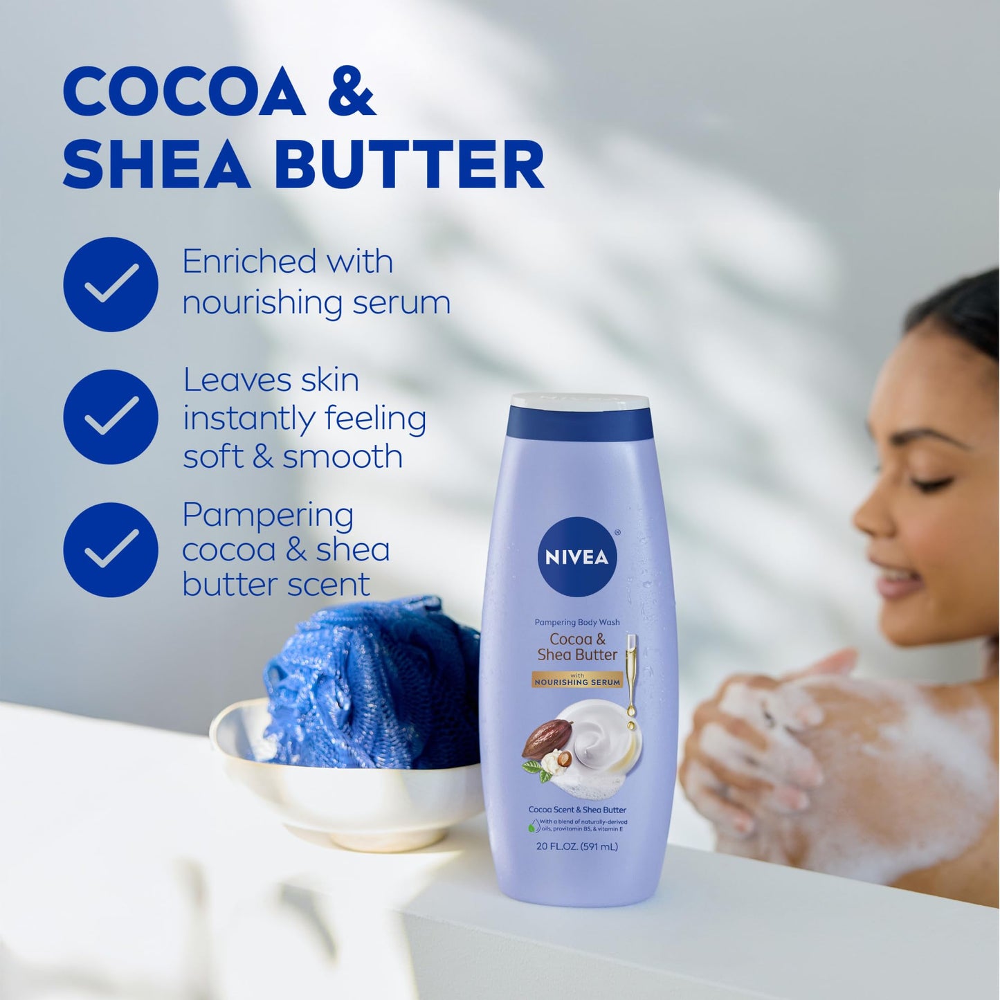NIVEA Pampering Cocoa and Shea Butter Body Wash with Nourishing Serum, Moisturizing Body Wash for Women, Enriched with Provitamin B5 and Vitamin E, 20