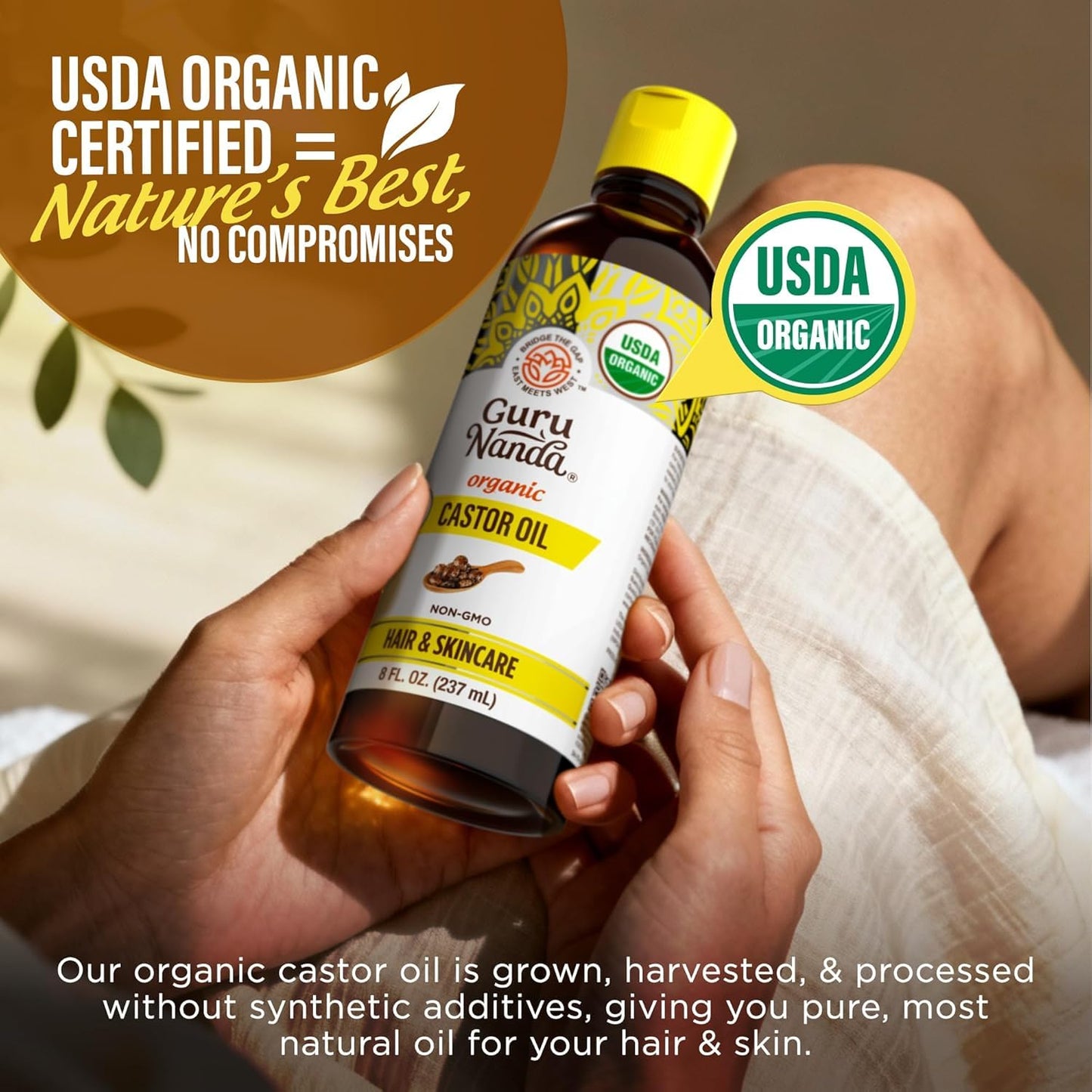 GuruNanda Castor Oil Organic USDA Certified (8 Fl oz) - 100% Pure & Natural, Cold Pressed & Hexane-Free, Hydrating Carrier Oil for Skin, Hair