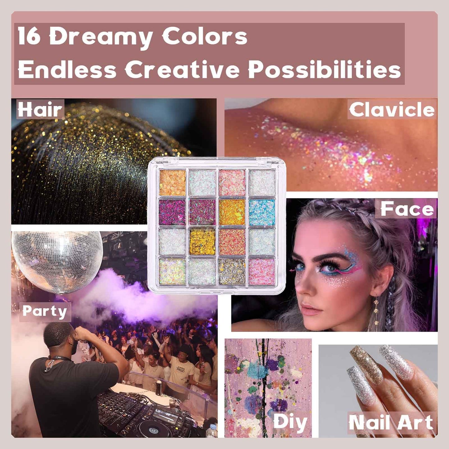 ZFFKZ 16-Color Holographic Body Glitter Gel Palette - Long-Lasting Glitter for Face, Eyes, Hair & Nails - Easy Pickup & Wash-Off - Vegan, Cruelty-Free