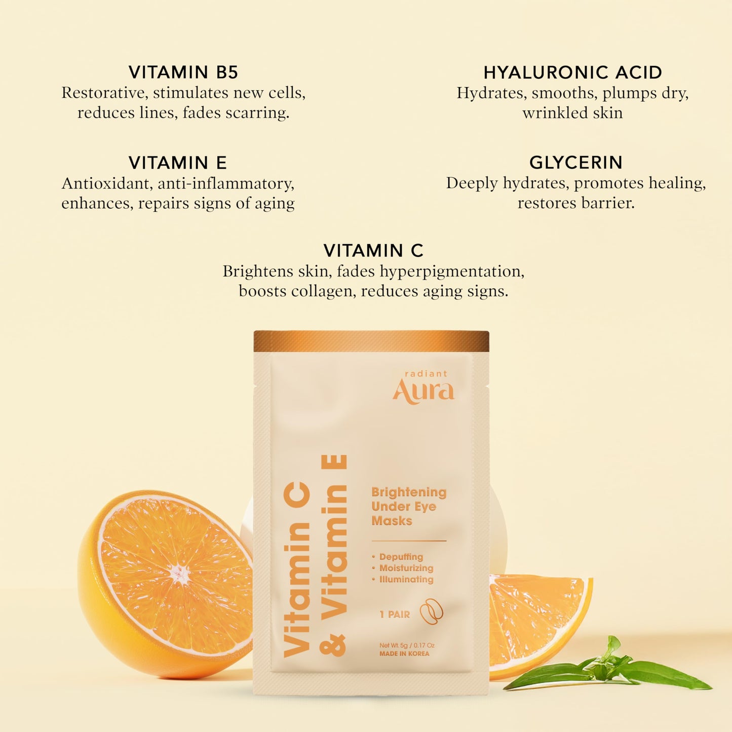 Radiant Aura Vitamin C & Vitamin E Under Eye Patches - Dermatologist Tested, Anti Aging, Korean Skin Care - Hydrates, Firms, Reduces Look Of Fine