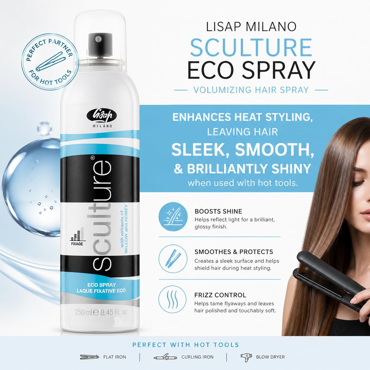 Lisap Sculture Eco Spray Volumizing Hair Spray & Setting Spray - Lightweight Volume Spray & Hair Volumizer for Shine & Heat Styling, Gas-Free